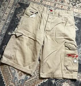 Tommy Hilfiger Cargo Shorts Size 36 Khaki Y2k Vintage EUC Spellout Script - Picture 1 of 7