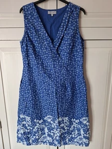 New M&S Per Una Royal Blue/White Linen Mix Pretty Sleeveless V-neck Dress Size14 - Picture 1 of 15