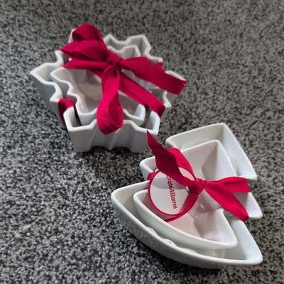 CRATE & BARREL white TREE SNOWFLAKE RAMEKINS gift set 2 Nesting Christmas Bowl - Image 1 of 4