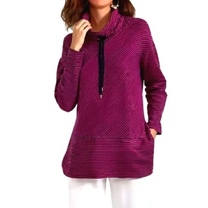 JONES NEW YORK Magenta Burnout Striped Pullover Top Drawstring Cowl Neck LARGE - Picture 1 of 12