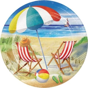 Beach Bliss Pool Flip Flop Ocean Summer Luau Theme Party 9" Paper Dinner Plates - Picture 1 of 1