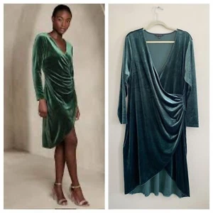 Banana Republic Factory Green Velvet Faux Wrap Dress Size XL - Picture 1 of 7