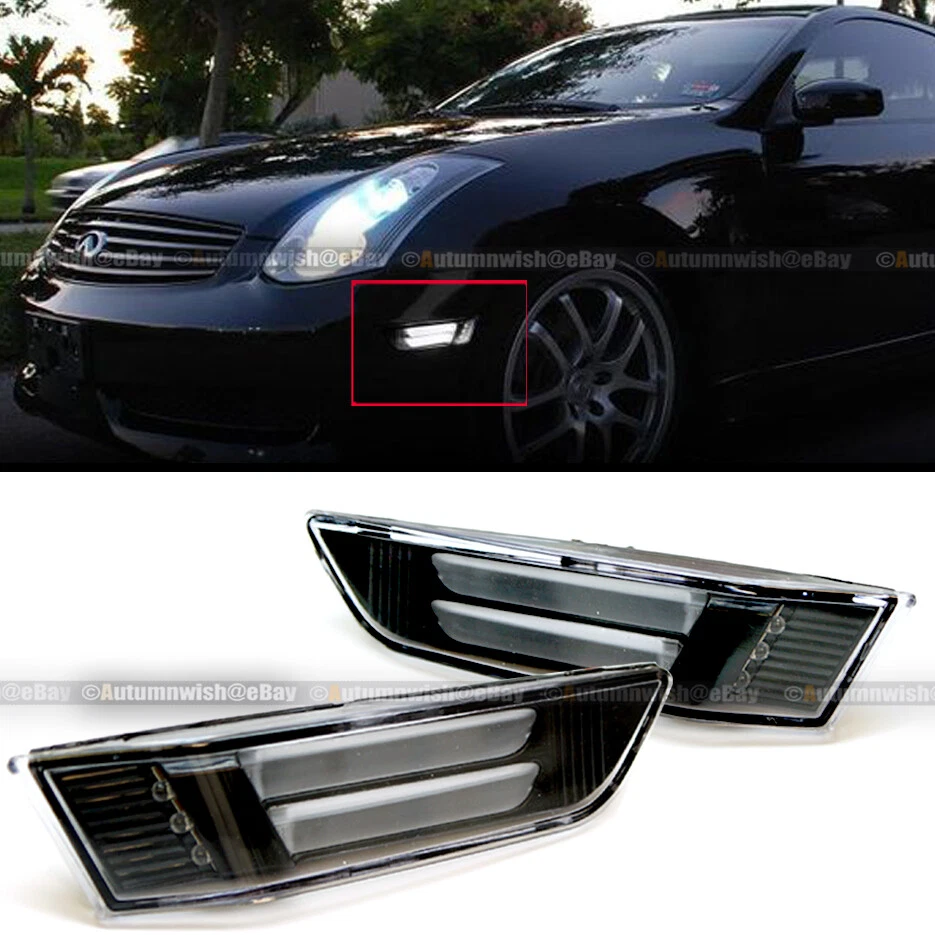 Fit 03-07 Infiniti G35 2Dr Black LED Strip Front Bumper Side Marker Corner Light - Image 1 of 1
