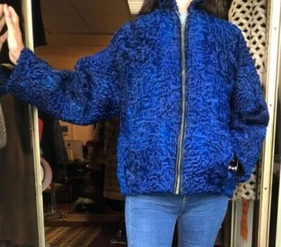 Chaqueta bomber de piel de cordero persa azul para mujer cuello de piel de visón todas las tallas Foto 1 de 4