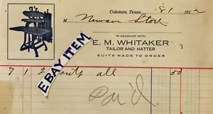 1922 BILLHEAD Coleman Texas E M WHITAKER Schneider & Hutmacher HERSTELLER von Anzügen Kleidung - Bild 1 von 1