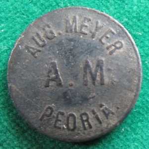 Peoria ILLINOIS  1800's saloon token Good for 5c at the Bar  Aug. Meyer  A.M. - Picture 1 of 2