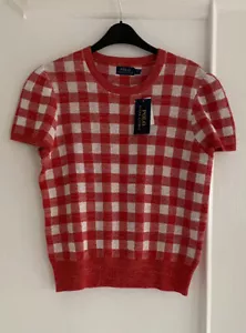 POLO Ralph Lauren Womens Knit White+Red Checkered Cotton+Linen Top BNWT RRP£159 - Picture 1 of 7
