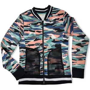 C & C California Jacket Womens XS Camo Scuba Bomber Zip Coral Blue Athletic - Picture 1 of 10