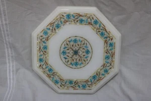 Mesa de centro con extremo de mármol blanco de 24" con incrustación de piedra semipreciosa marquetería Art De - Imagen 1 de 8