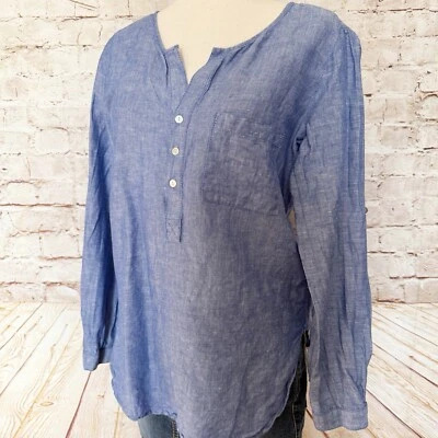 Blusa Top Max Studio Mujer Lino Algodón Cambray Pestaña Enrollable Talla S Azul Foto 1 de 4