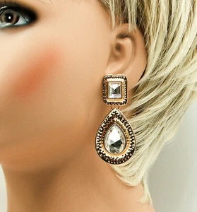 Gold Tone Dangle Earrings Featuring Large Faceted Clear Crystals - Picture 1 of 2