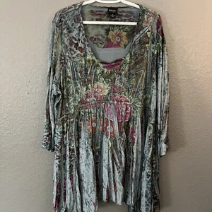 Style & Co Womens Velvet Burnout Shirt Sz 3X Green Pink Floral Artsy Tunic - Picture 1 of 11