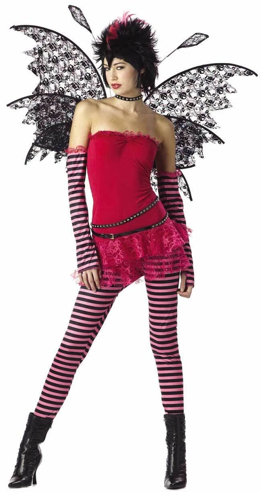 Hot Pink Rockin' Fairy Costume 5Pc Mini Dress Glovelettes Leggings Wings & Accs - Image 1 of 1