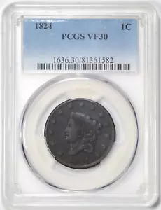 CABEZA DE CORONA 1824 CENTAVO GRANDE N-3 PCGS VF30 ¡BONITO Y ORIGINAL! - Imagen 1 de 3