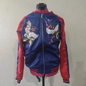 Japanese Style Embroidered Bomber Jacket, Men’s Small Crane Bird Blue Red - Picture 1 of 20