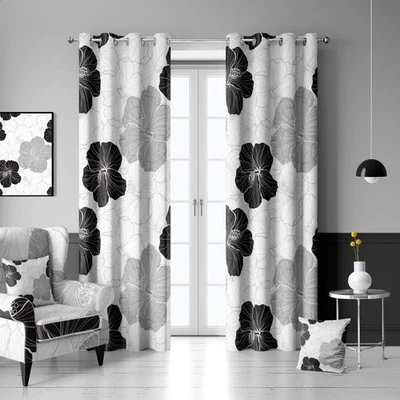 Conjunto de 2 painéis 100% cortinas blackout preto branco cinza floral cortina black out... - Imagem 1 de 4