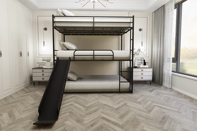 Litera tipo loft de metal tamaño completo con tobogán y escalera, negra Foto 1 de 4