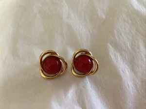 Vintage Monet Red Cabochon Gold-Tone Earrings: Clip-on - Picture 1 of 4