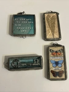 4 Vintage Jewel Kade JK Pendent Lot KEY BUTTERFLY HEART SEA SHELL 2 Sided Charm - Picture 1 of 13