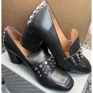 Linea Paolo Luca L Black Silky Calf Leather Studded Block Heel Loafers Size 6 M - Picture 1 of 12
