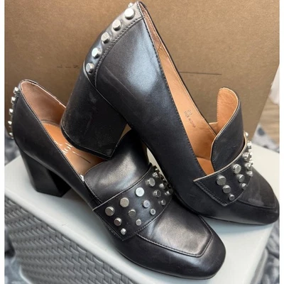 Linea Paolo Luca L Black Silky Calf Leather Studded Block Heel Loafers Size 6 M - Image 1 of 4