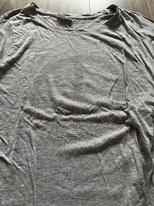Tunika Basic Shirt Bluse grau Gr. 46/48 Shirt 3/4 Arm Glitzer Friedenszeichen - Bild 1 von 8