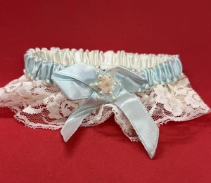 Vintage Wedding Garter White Lace Blue Satin Beaded Flower Free Shipping - Picture 1 of 4