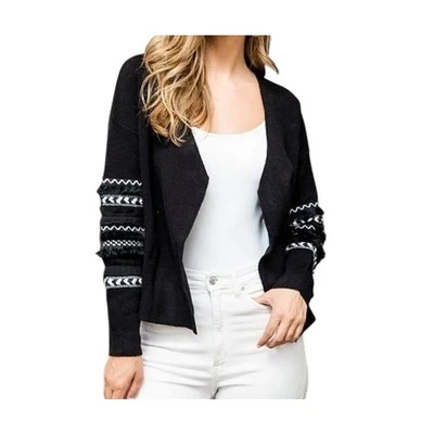 Cardigã THML preto com babado franja manga trança MÉDIO aberto frontal aconchegante macio boho - Imagem 1 de 4