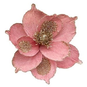 10in Pink Christmas Flowers 8 Pcs Large Christmas Glitter Magnolia Flowers - Picture 1 of 7