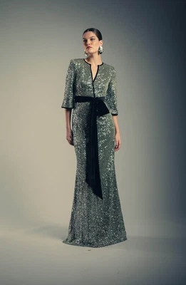 Badgley Mischka Sequin Velvet Sash V-Neck Gown $750 Silver Modest Long Sleeve *4 - Image 1 of 4