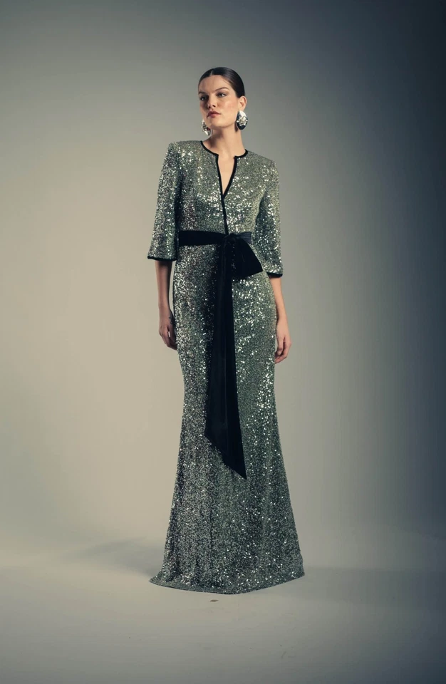 Badgley Mischka Sequin Velvet Sash V-Neck Gown $750 Silver Modest Long Sleeve *4 - Image 1 of 4