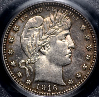 1916 D BARBER QUARTER PCGS MS 63 PERIPHERAL COLOR AND REFLECTIVE FIELDS TEAM UP - Image 1 of 4