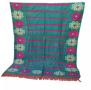 Old Vtg Handmade Moroccan Wool Boujad Flat Floral Rug Tribal Berber Green Carpet