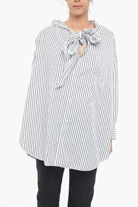 Balenciaga Women's Bow Detail Striped White Navy Blue Button Up Shirt Size 40 - Picture 1 of 11