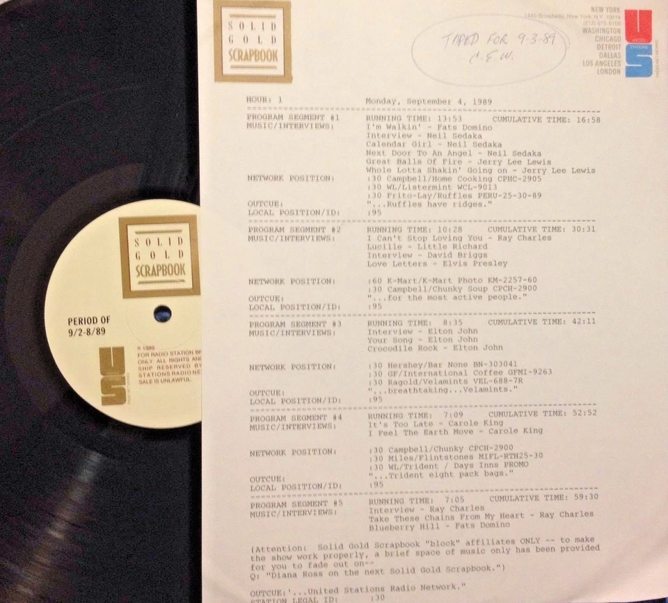 RADIO SHOW 9/4/89 PIANISTS: FATS DOMINO,RAY CHARLES,JERRY LEE LEWIS,ELTON JOHN - Image 1 of 1