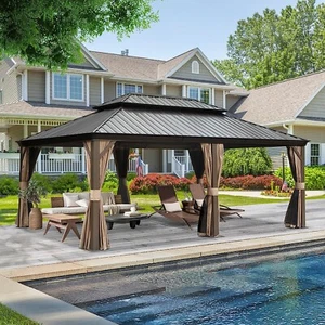 14' x 20' Outdoor Hardtop Gazebo Aluminum Brown Frame w/Sidewalls Double Roof - Picture 1 of 8