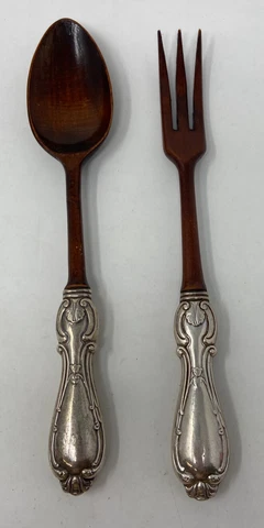 Antique Wooden Serving Utensils Spoon & Fork Set Silver Handles Made In France Cover
