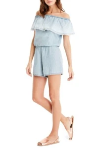 Michael Stars Off-The-Shoulder Ruffle Romper Blue Denim Made In USA Size L $160 - Picture 1 of 5