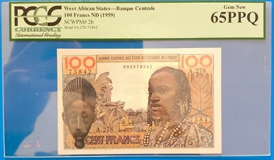 West African States 100 Francs 1959 P-2b UNC PCGS 65 PPQ / RARE - Image 1 of 2