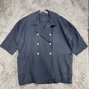 Vivid 100% Linen Jacket Women's Plus Size 2X Blue Double Breasted 3/4 Lagenlook - Picture 1 of 10