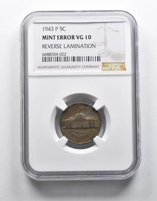 Mint Error VG10 1943-P Jefferson Nickel REV Lamination NGC *1866 - Image 1 of 3