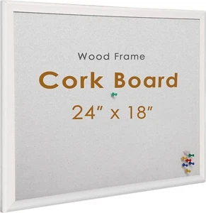 Cork Board 24" x 18" White Wood Frame Bulletin Board, 10 Push Pins Office School - Picture 1 of 14