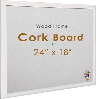 Cork Board 24" x 18" White Wood Frame Bulletin Board, 10 Push Pins Office School - Image 1 of 4