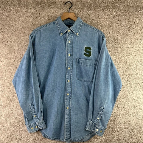VINTAGE Michigan State Shirt Mens Medium Blue Denim Button Up S Logo Spartans Cover