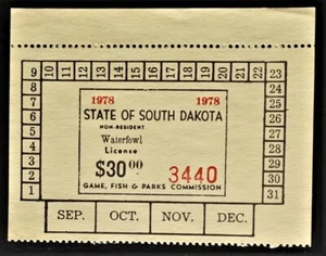 1978 South Dakota Duck Stamp, SDA9, Yellow Non-Resident Punch Card, $30 - Scarce - Picture 1 of 2
