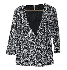 Vintage y2K Surplice schwarz weiß Blumen V-Ausschnitt Attrappe Wickel Landhaus Laune XL - Bild 1 von 9