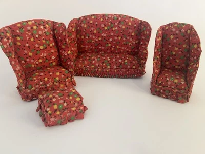 Vintage Miniature Dollhouse Floral Upholstered Sofa, 2 Chairs, & Ottoman. - Image 1 of 4