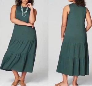 Maxi Vestido J Jill Sin Mangas en Niveles Verde Salvia Tejido Cintura Caída Pequeño Pequeño Suave - Imagen 1 de 11