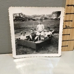 Vintage Photo 40's Four Little Boys Playing In Sandbox Toy Trucks L - Picture 1 of 2
