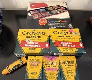 Vintage Crayola Crayons Chalk Lot 64 Sharpener Fluorescent 8 Prang Case Unused - Picture 1 of 16